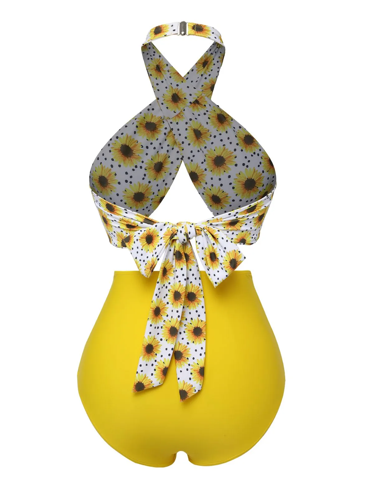 Yellow 1950s Sunflower Cross Halter Swimsuit