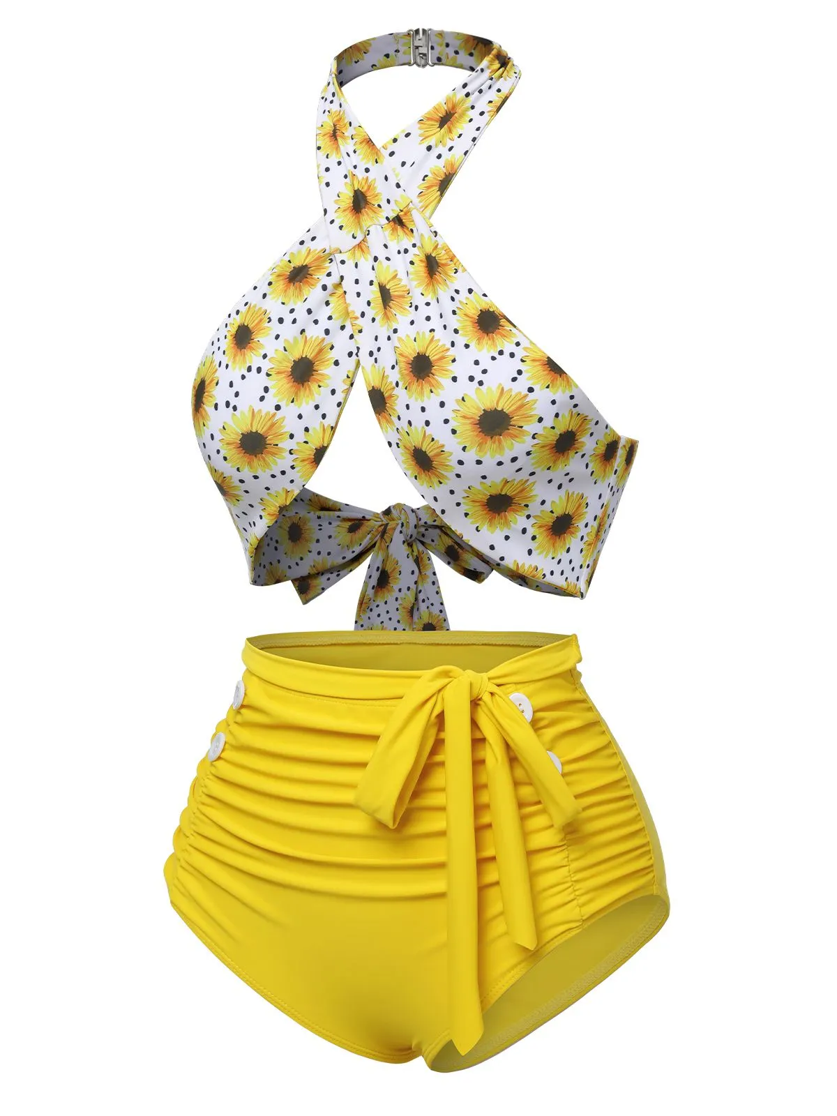 Yellow 1950s Sunflower Cross Halter Swimsuit