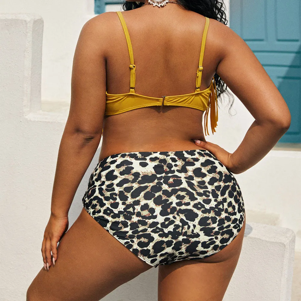 Yellow Fringed Spots Print High Waist Bikini Swimsuit