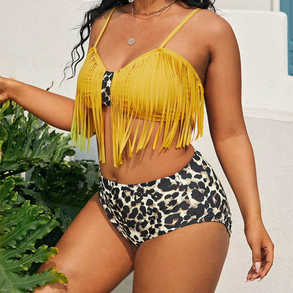 Yellow Fringed Spots Print High Waist Bikini Swimsuit